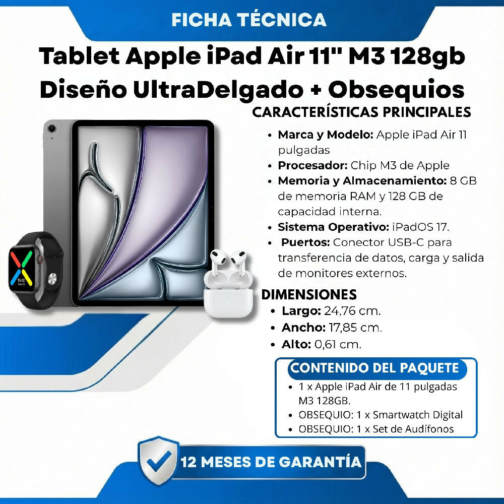 Tablet Apple IPad Air 11 M3 128gb Diseño UltraDelgado Gris + Obsequio