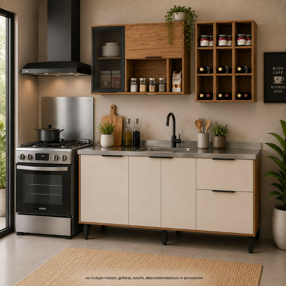Cocina 180 cm Ibiza 3 Puertas 2 Cajones - Natural/Blanco Apagado