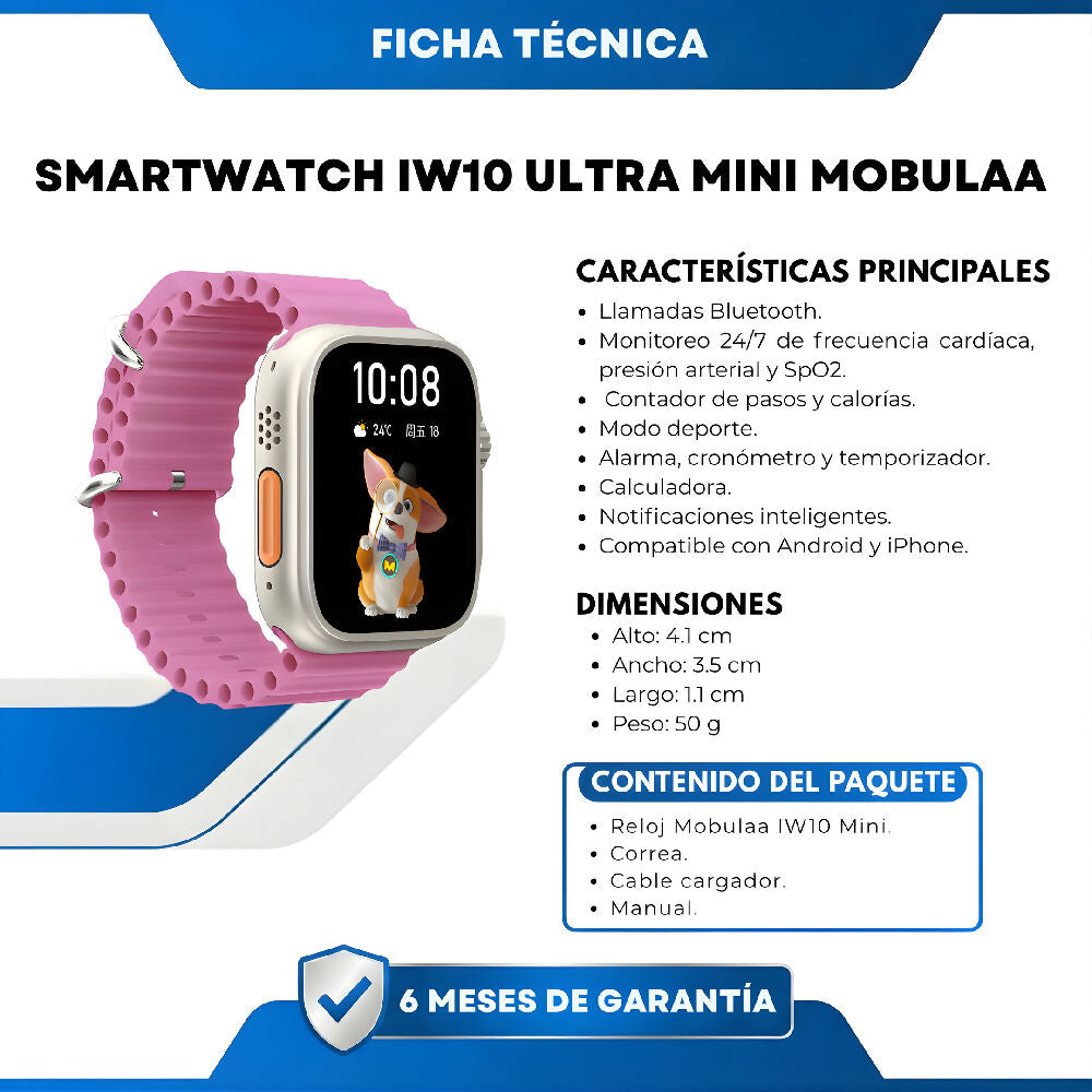 Smartwatch IW10 Ultra Mini Rosado Bluetooth Reloj Inteligente Pequeño Con Pantalla HD, Frecuencia Cardíaca Y Batería Duradera
