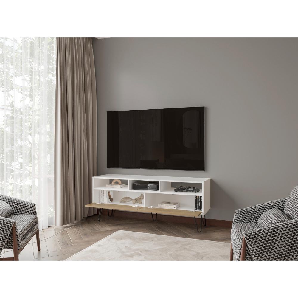 Mesa para TV Tory, Blanco y Fresno Europeo, con Espacio para Televisor de hasta 60 Pulgadas ZF