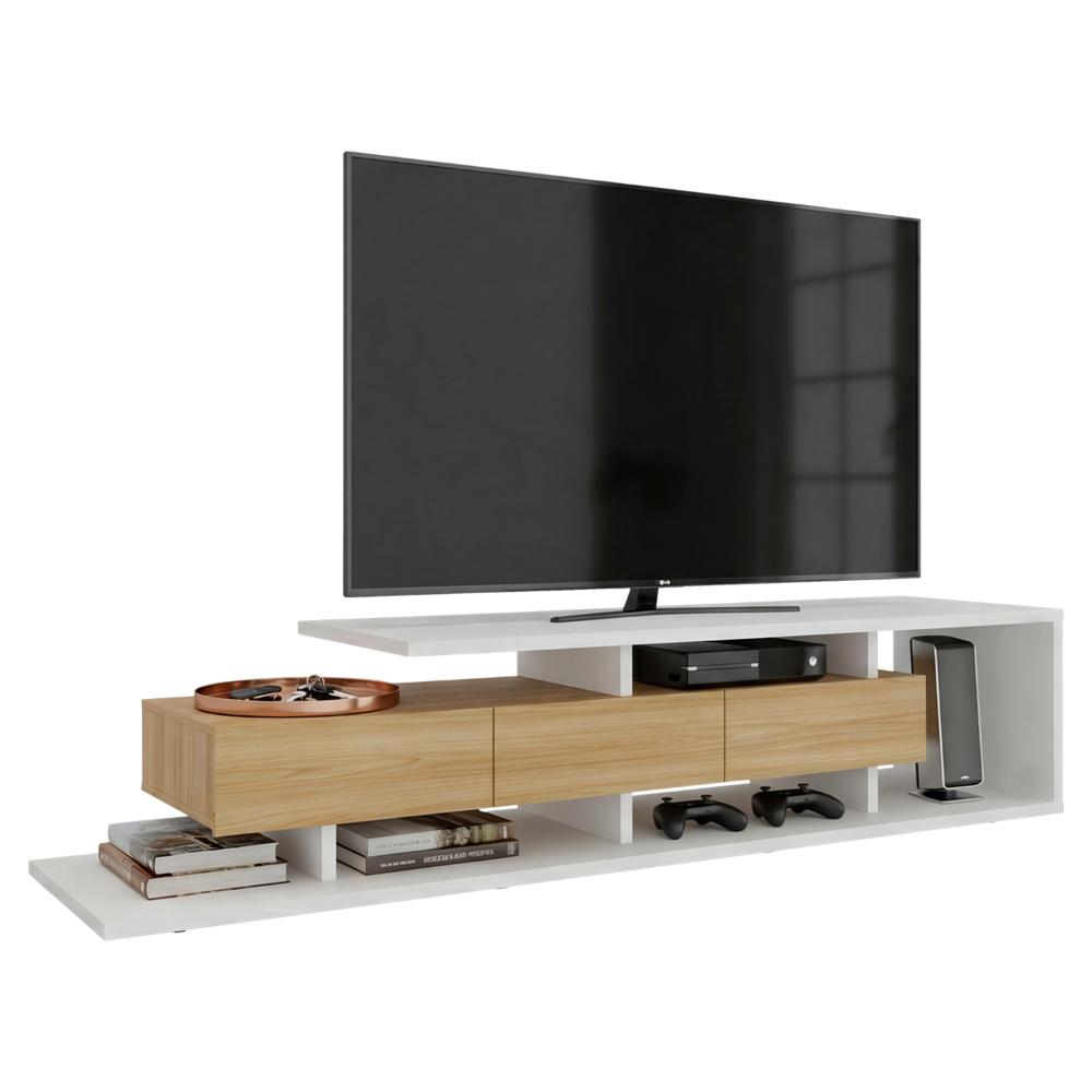 Mesa Para Tv Quito, Blanco Duqueza y Fresno Europeo, Para Televisor Hasta 65"
