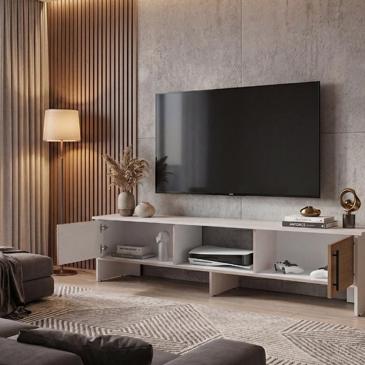 Mesa para TV Dago, Capri/Blanco y Fresno Europeo, para Televisor de hasta 65 Pulgadas con Dos Puertas