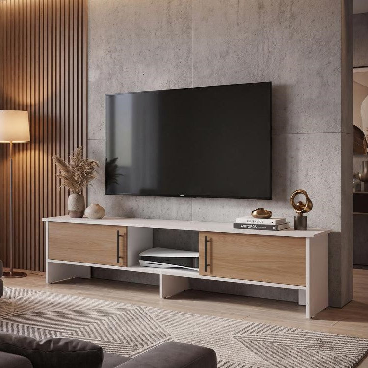 Mesa para TV Dago, Capri/Blanco y Fresno Europeo, para Televisor de hasta 65 Pulgadas con Dos Puertas