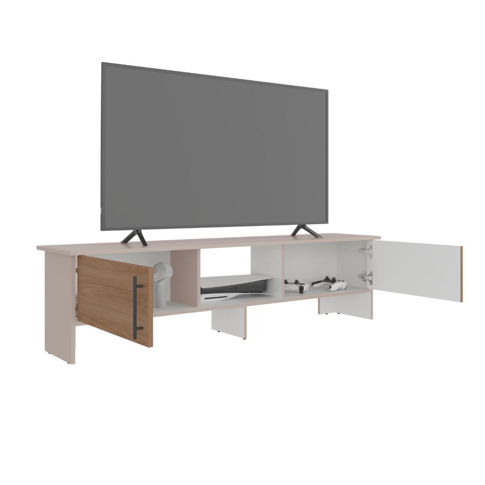 Mesa para TV Dago, Capri/Blanco y Fresno Europeo, para Televisor de hasta 65 Pulgadas con Dos Puertas