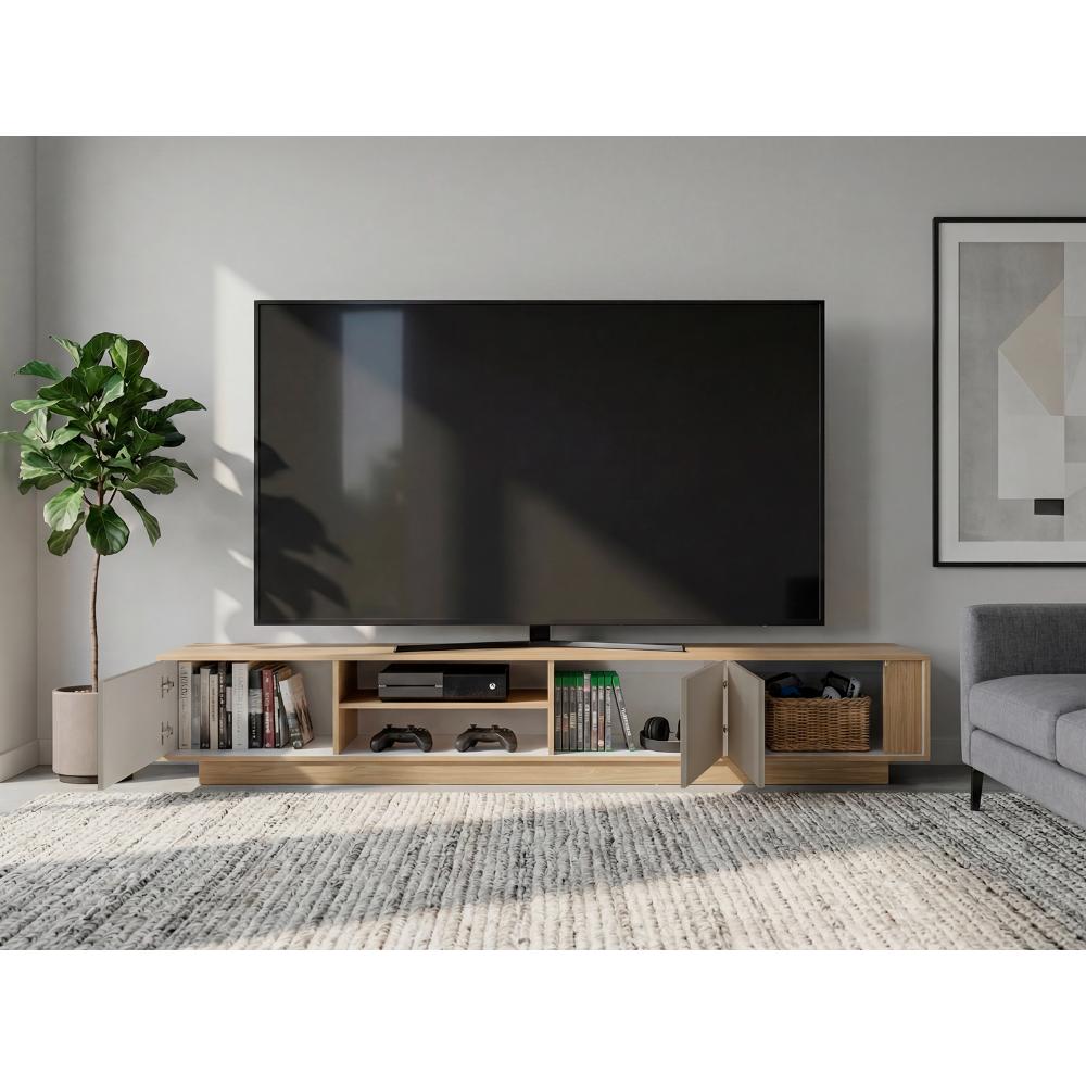 Mesa Para Tv Maldivas, Fresno Europeo y Capri, Para Televisor de Hasta 85 Pulgadas con tres puertas