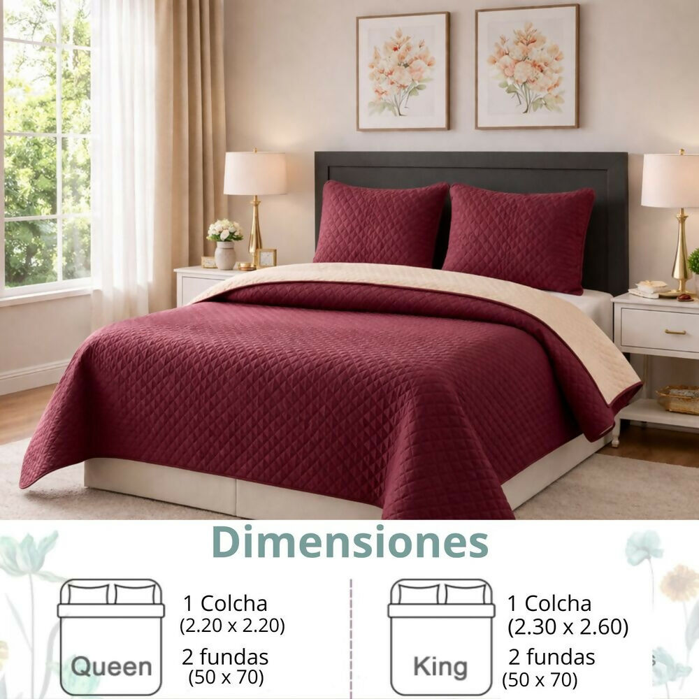 Colcha semidoble doble faz vino tinto camel