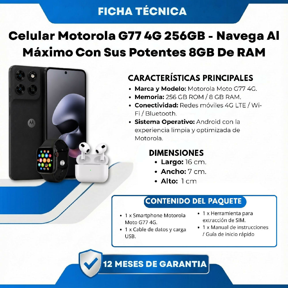 Celular Motorola G77 4G 256GB Rendimiento Ultra Fluido Negro + 2 Obsequios Imperdibles