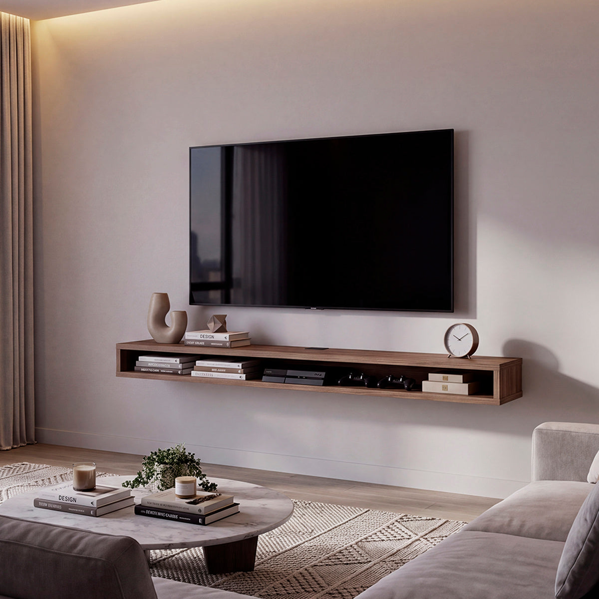Mesa para TV Flotante Luft, Avellana, con un Diseño Contemporáneo