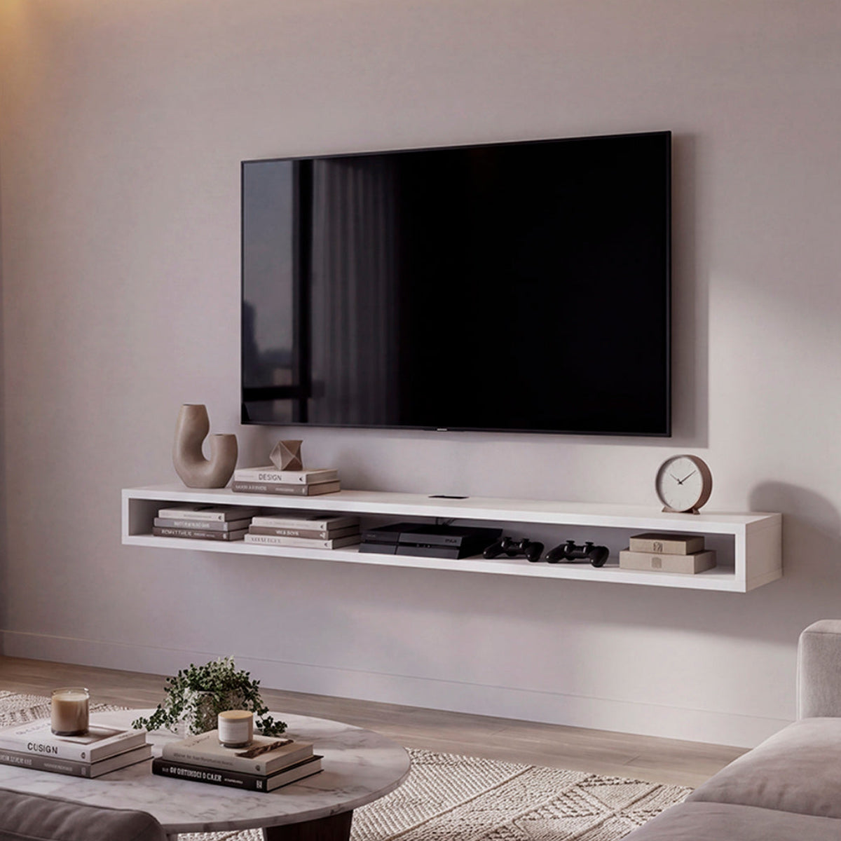 Mesa para TV Flotante Luft, Blanco, con un Diseño Contemporáneo