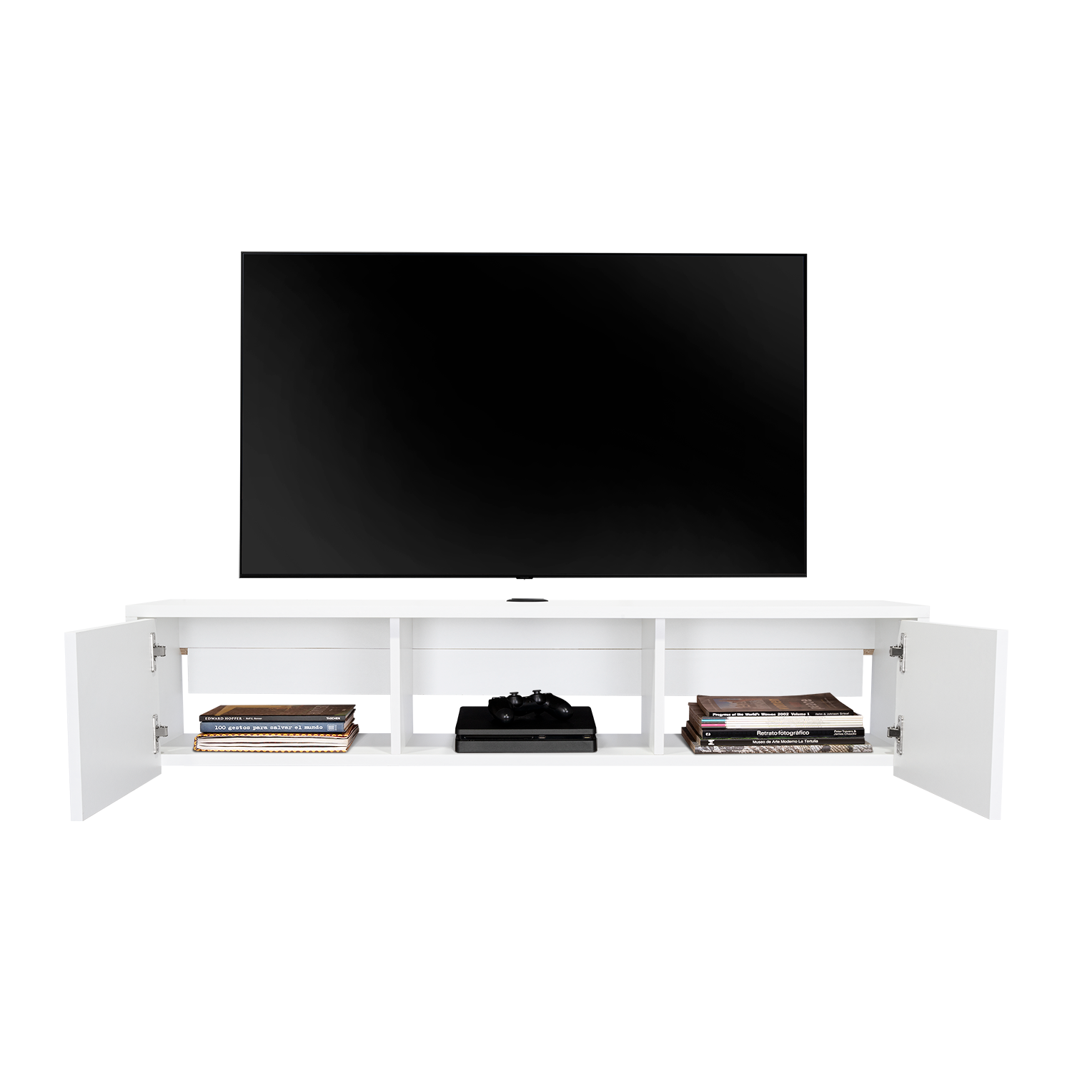 Mesa Para Tv Flotante Gleid, Blanco, con Dos Puertas Abatibles