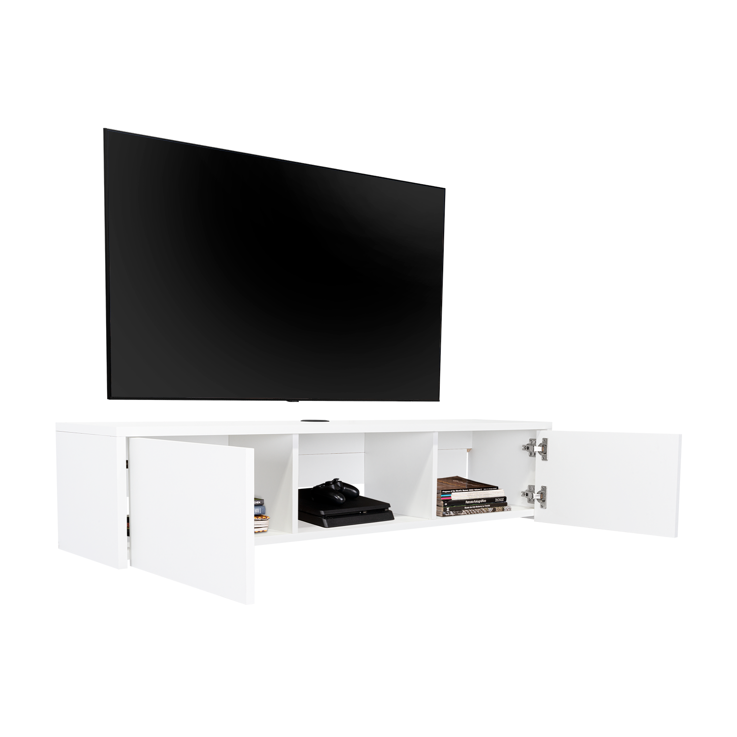 Mesa Para Tv Flotante Gleid, Blanco, con Dos Puertas Abatibles