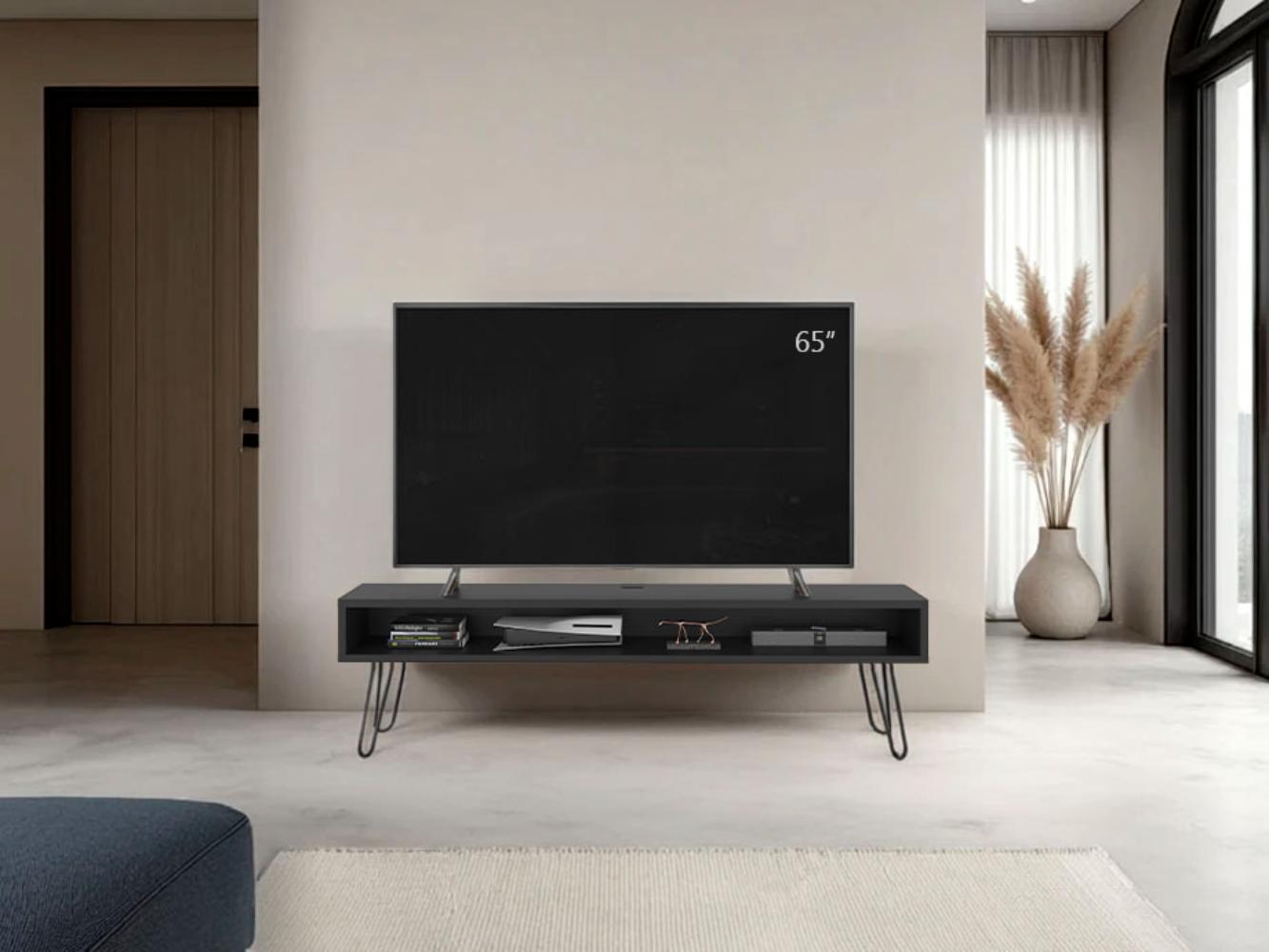Mesa Para Tv Ralf, Wengue, con patas metálicas y espacio de tv hasta 70 pulgadas