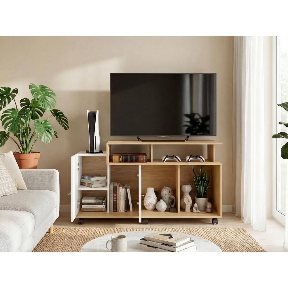 Mesa para TV Atena, Fresno Europeo y Blanco Nevado, con Espacio para Televisor de 44 Pulgadas