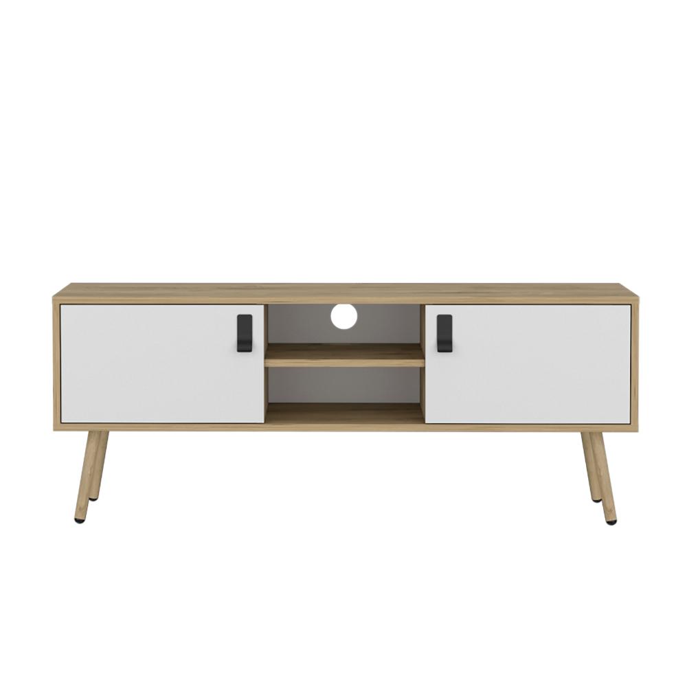 Mesa para TV Lienxo, Blanco y Fresno Europeo, con Espacio para TV hasta 50 Pulgadas