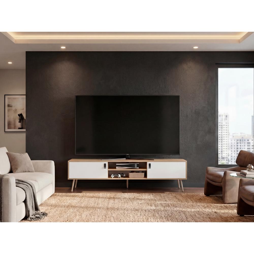 Mesa para TV Lienxo, Fresno Europeo y Blanco, con Espacio para TV hasta 75 Pulgadas