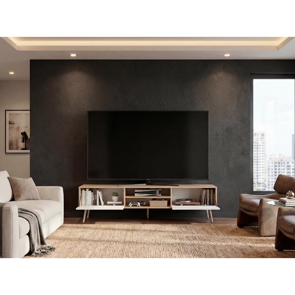 Mesa para TV Lienxo, Fresno Europeo y Blanco, con Espacio para TV hasta 75 Pulgadas