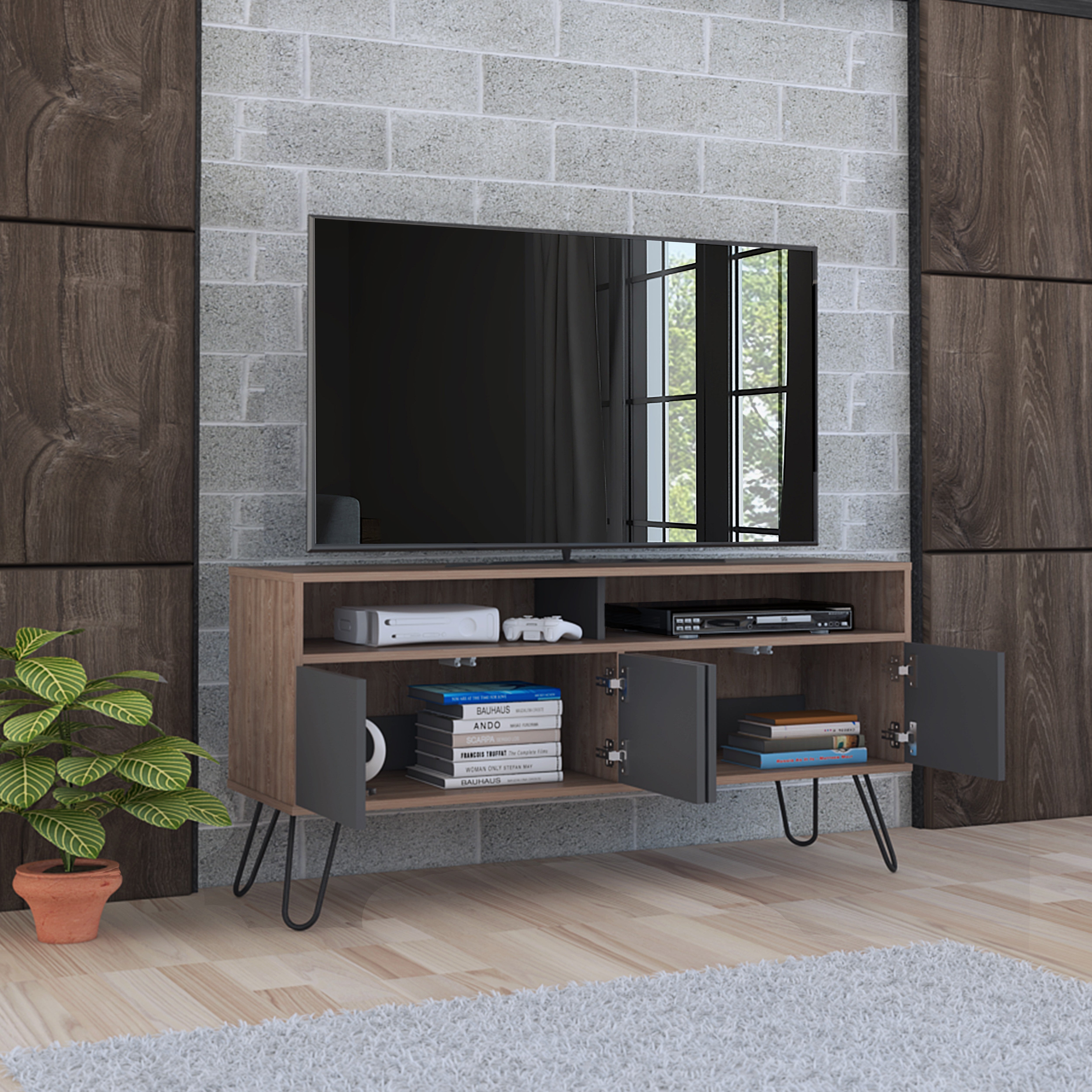 Mueble Multiusos Lara, Miel y Plata Oscuro, para Televisor de 55 Pulgadas