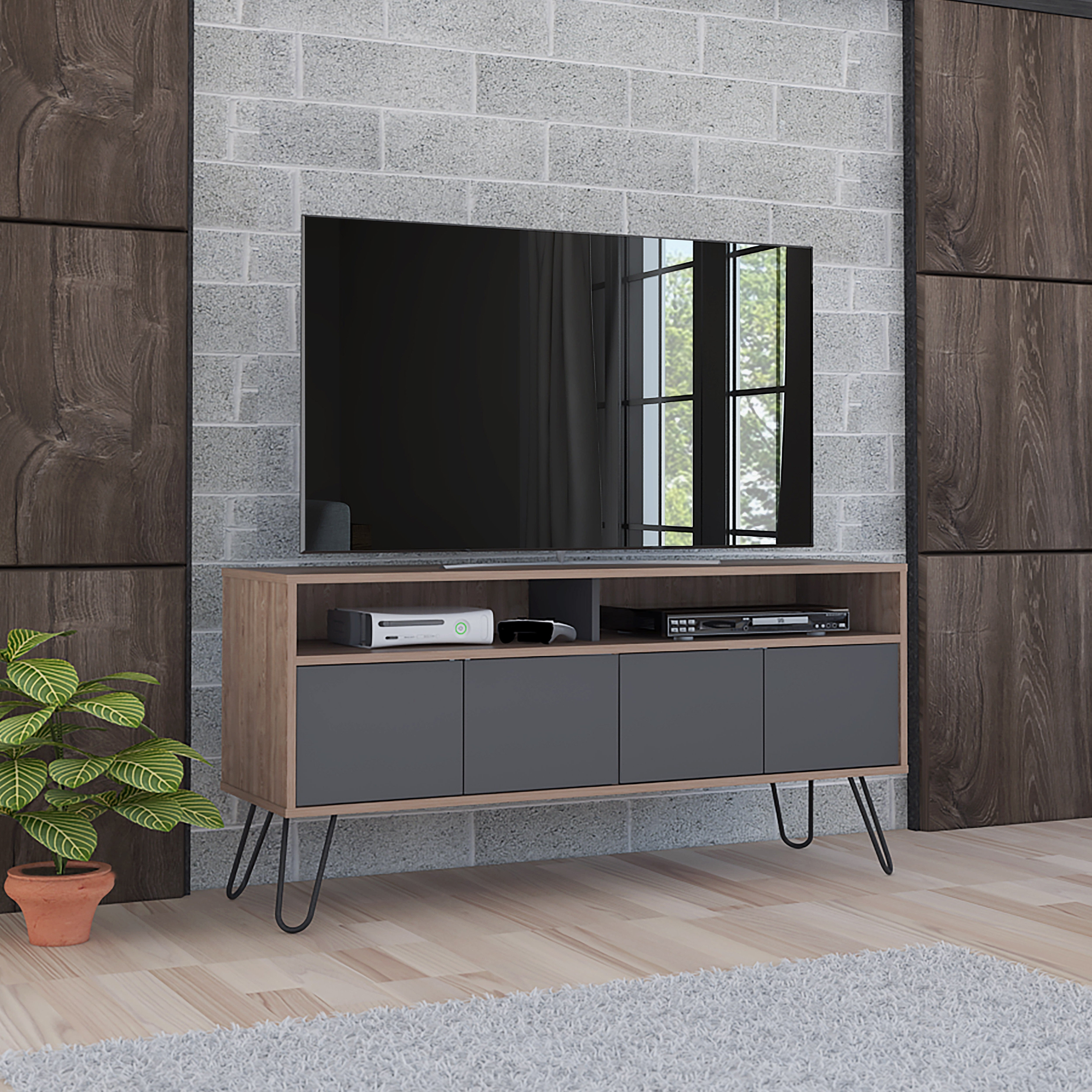 Mueble Multiusos Lara, Miel y Plata Oscuro, para Televisor de 55 Pulgadas