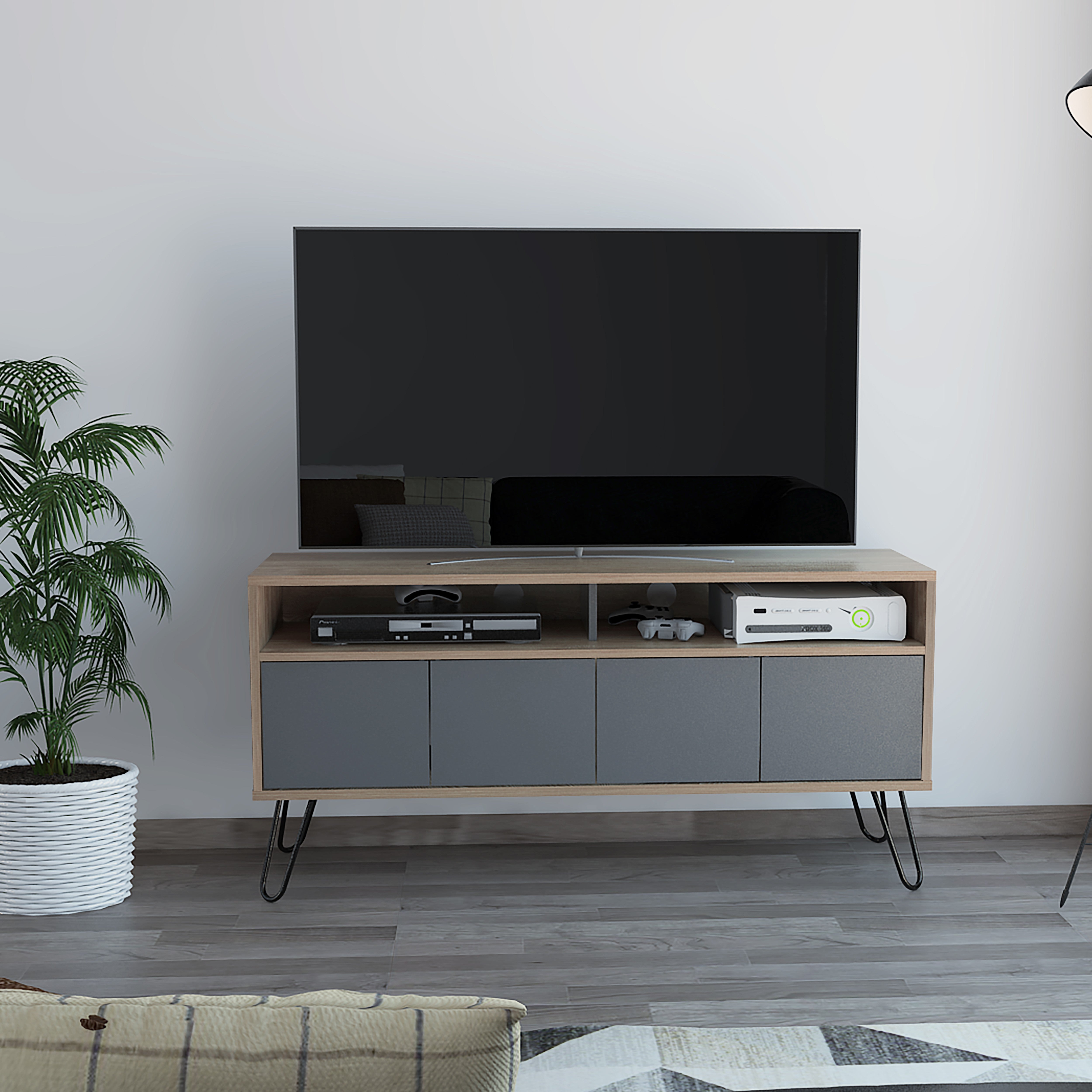 Mueble Multiusos Lara, Miel y Plata Oscuro, para Televisor de 55 Pulgadas