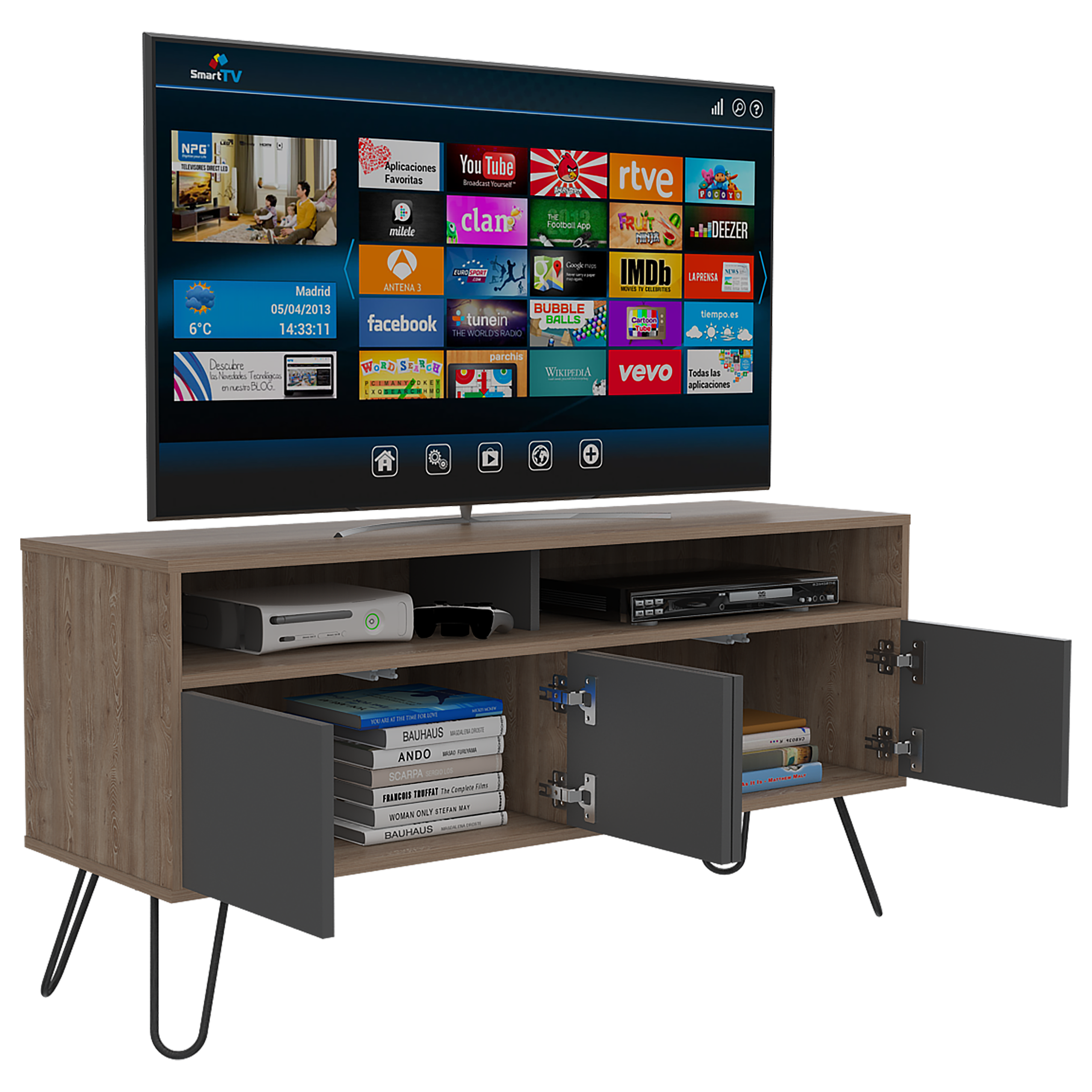 Mueble Multiusos Lara, Miel y Plata Oscuro, para Televisor de 55 Pulgadas