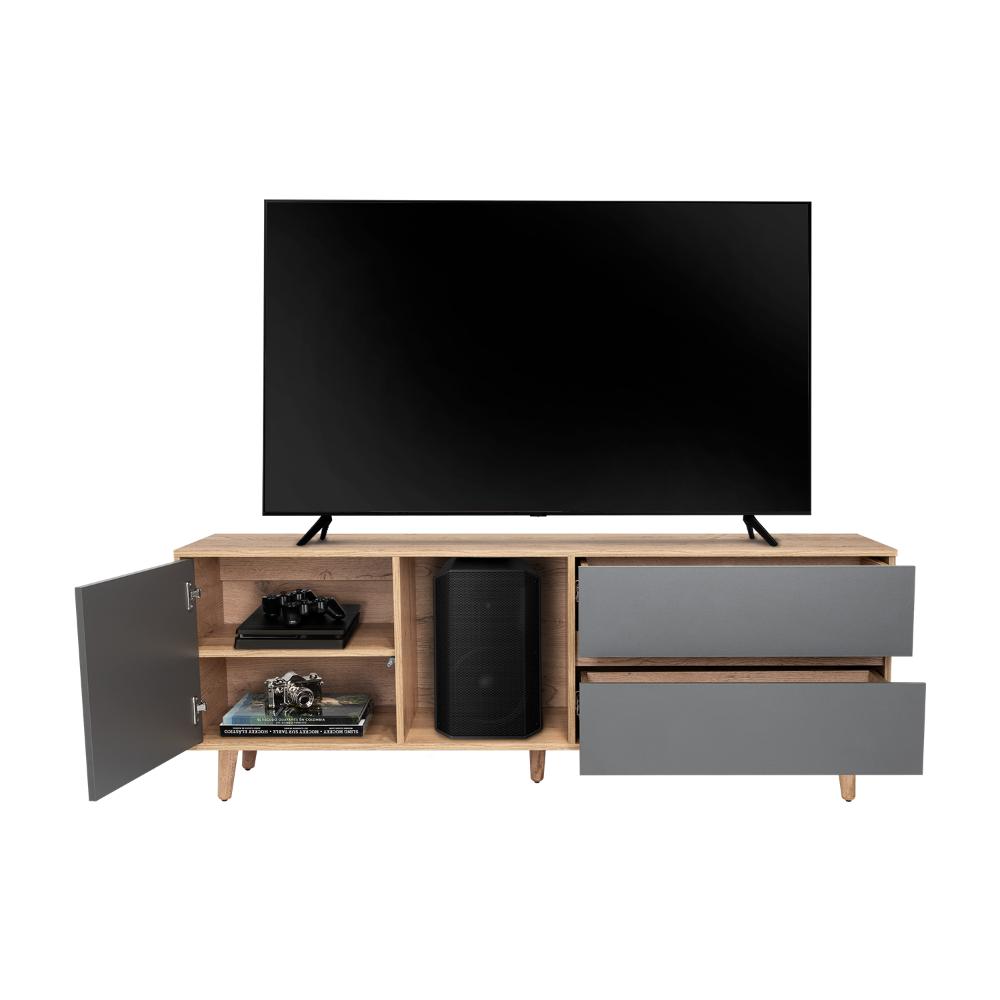 Mesa Para Tv Nashira, Fresno Europeo y Plata Oscuro, Con Espacio Para Televisor de Hasta 65 Pulgadas