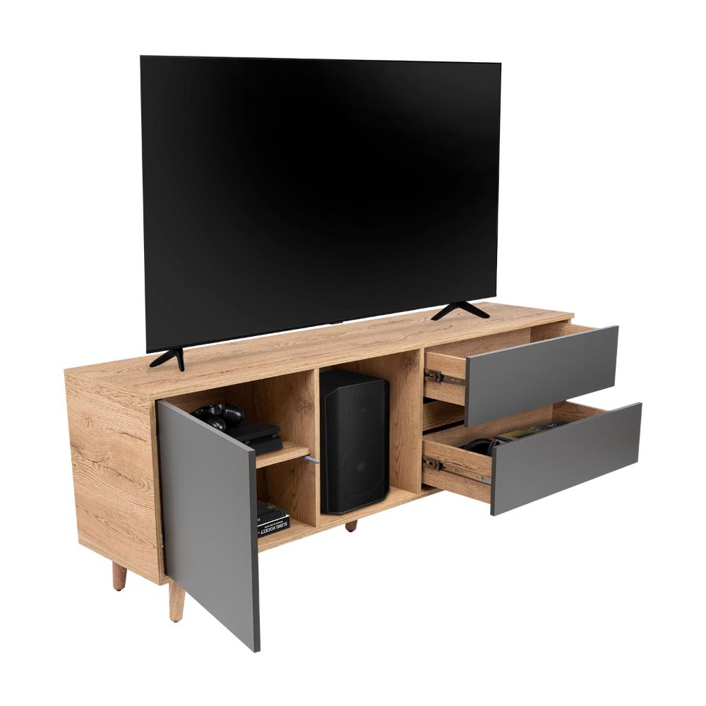 Mesa Para Tv Nashira, Fresno Europeo y Plata Oscuro, Con Espacio Para Televisor de Hasta 65 Pulgadas