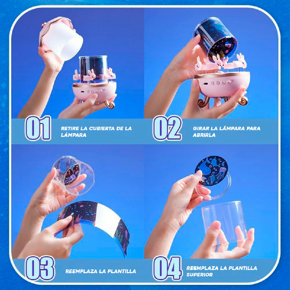 Lámpara Infantil Proyector 360° Conejitos Luz Nocturna Giratoria Con 6 Plantillas PTZ-17-6 7