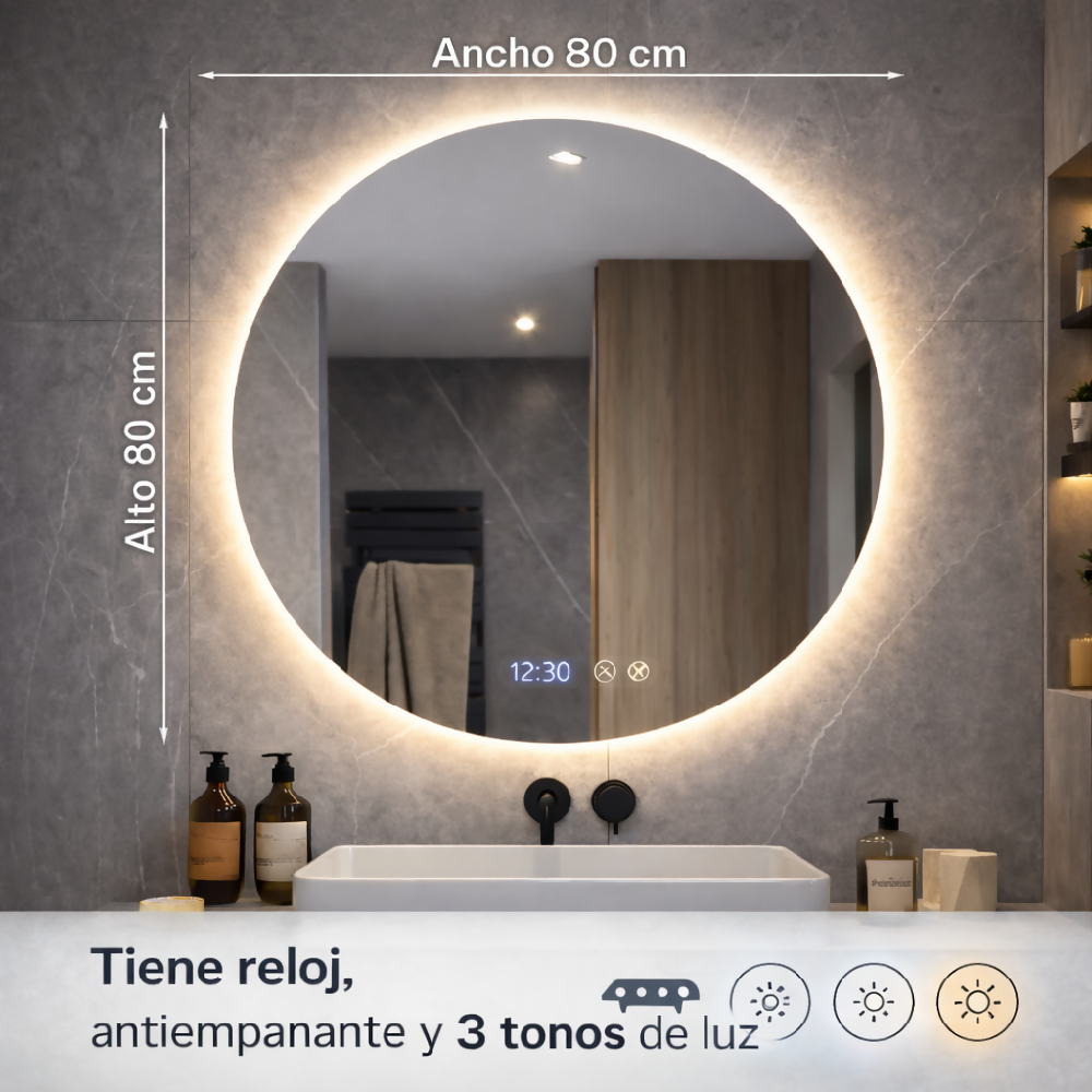 Espejo Led Redondo con sistema antiempañante y reloj digital 80x80 sin marco