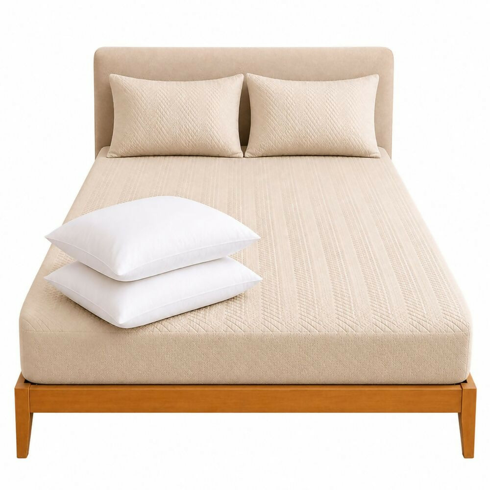 Combo protector colchon + 2 almohadas siliconadas doble beige