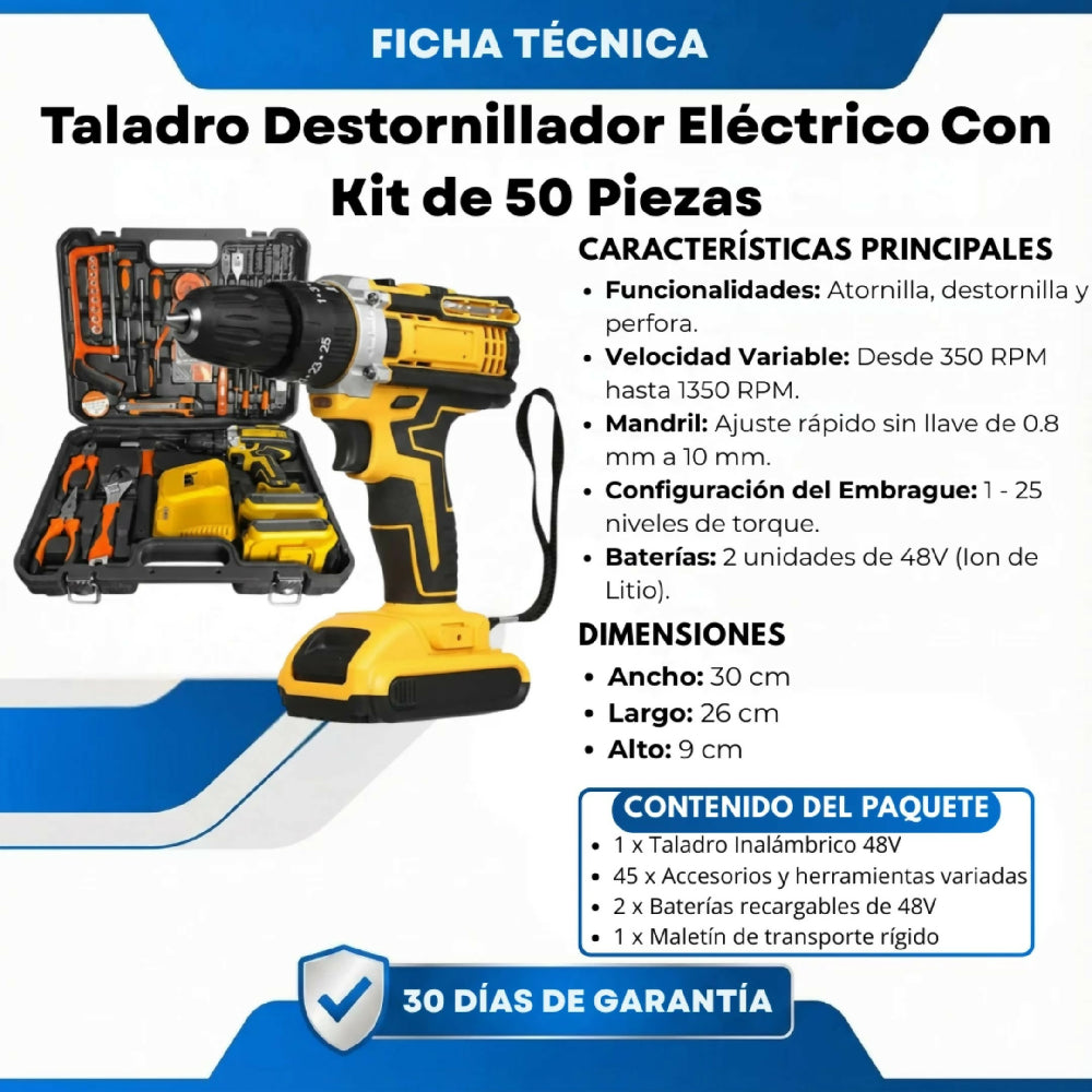 Taladro Destornillador Eléctrico Inalámbrico Con Kit Profesional De 50 Piezas