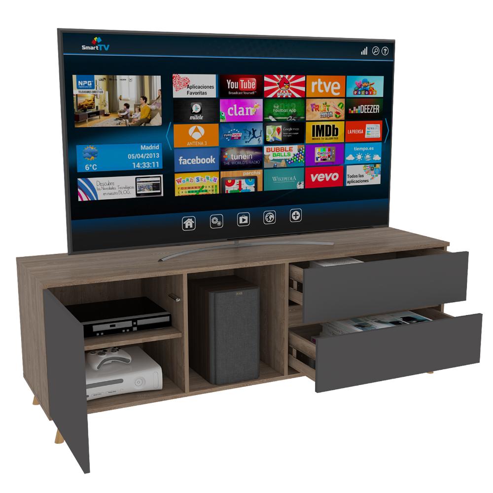 Mesa para TV Nashira, Fresno Europeo y Plata Oscuro, con Espacio para Televisor de hasta 60 Pulgadas