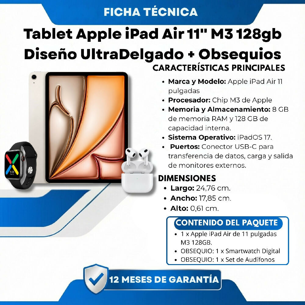 Tablet Apple IPad Air 11 M3 128gb Diseño UltraDelgado Plateado + Obsequio