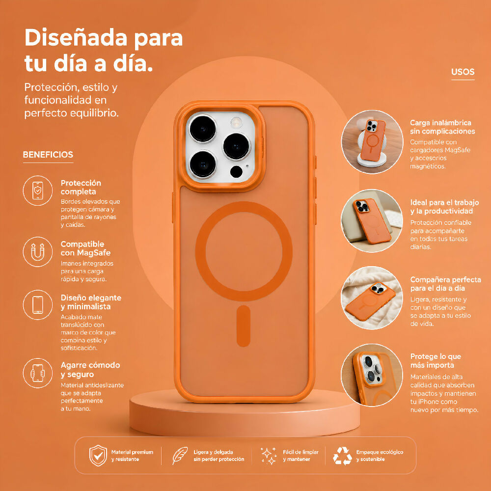 Forro Semi Transparente Para Celular Funda MagSafe Con Textura Suave Iphone 14 Pro Naranja