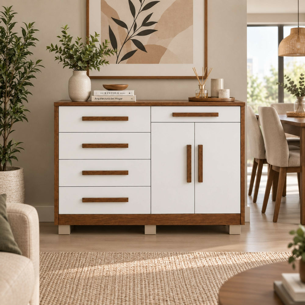 Cómoda 5 cajones 2 puertas Ginesta - Marrón/Blanco apagado