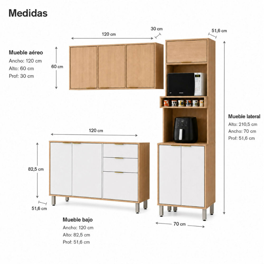 Cocina 190 cm Maui 9 Puertas 2 Cajones - Almendra/Blanco Apagado