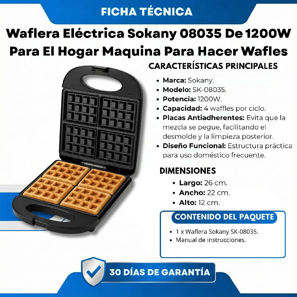 Waflera Eléctrica Sokany 08035 De 1200W Para El Hogar Maquina Para Hacer Wafles