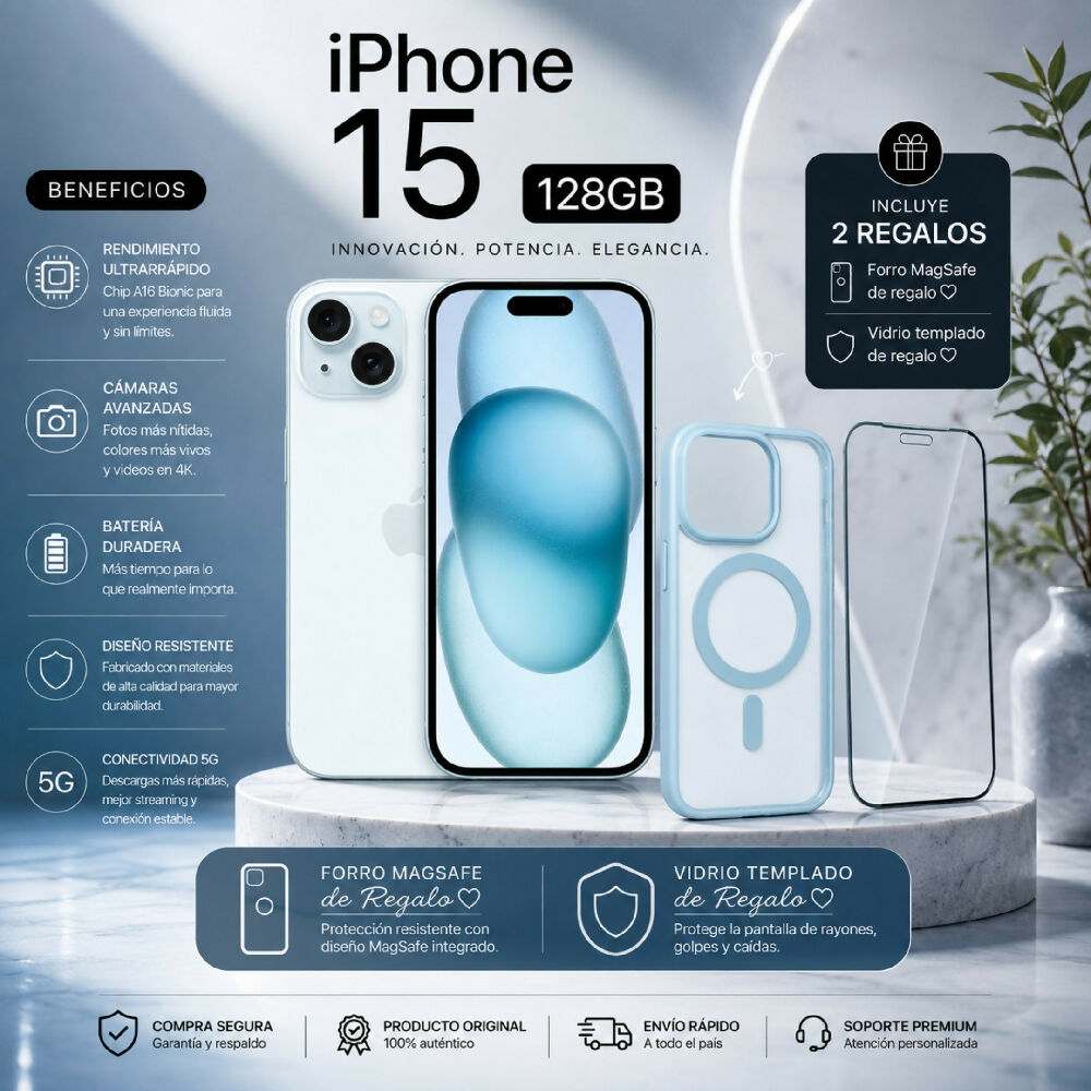 Celular Apple IPhone 15 128gb + Obsequio Vidrio Templado Y Forro Protector Celeste