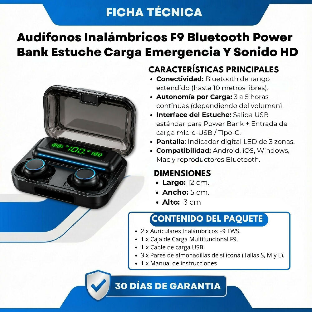Audífonos Inalámbricos F9 Bluetooth Power Bank Estuche Carga Emergencia Y Sonido HD