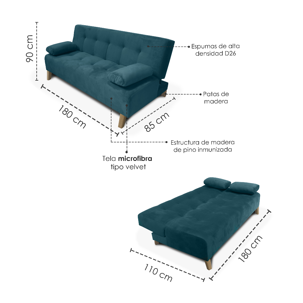Sofacama Glaser 3 Posiciones Tela turquesa
