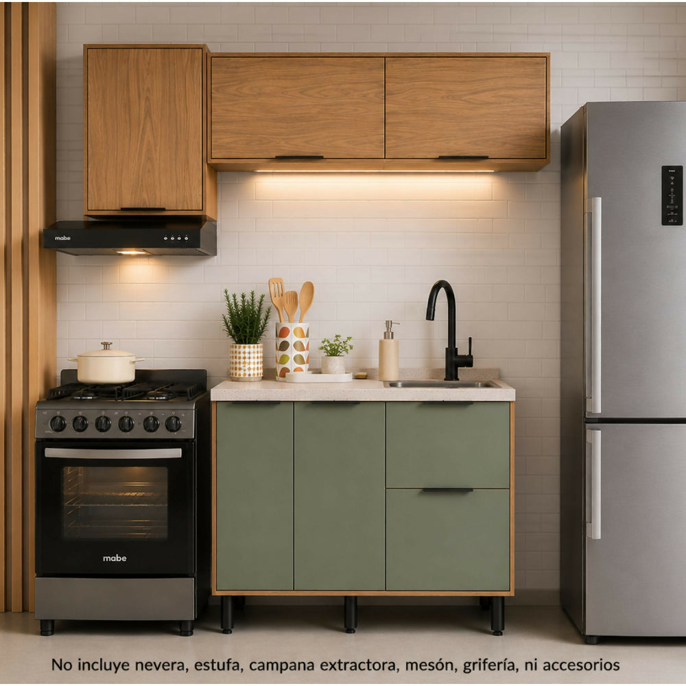Cocina 200 cm Rosario 5 Puertas 2 Cajones - Natural/Oliva