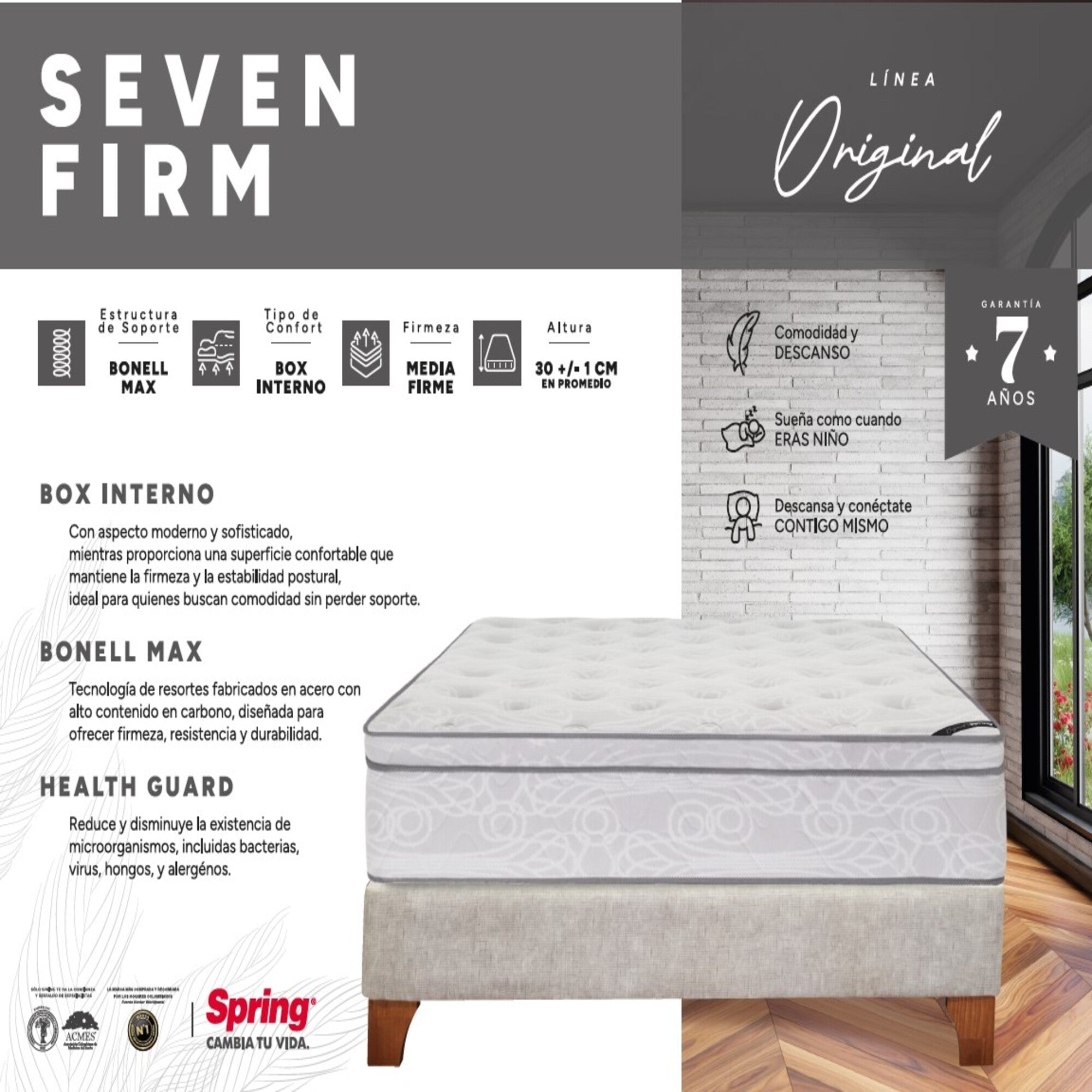 Combo Colchón Spring  Seven Firm Sencillo 100X190 Cm +  Set Almohada Siliconada