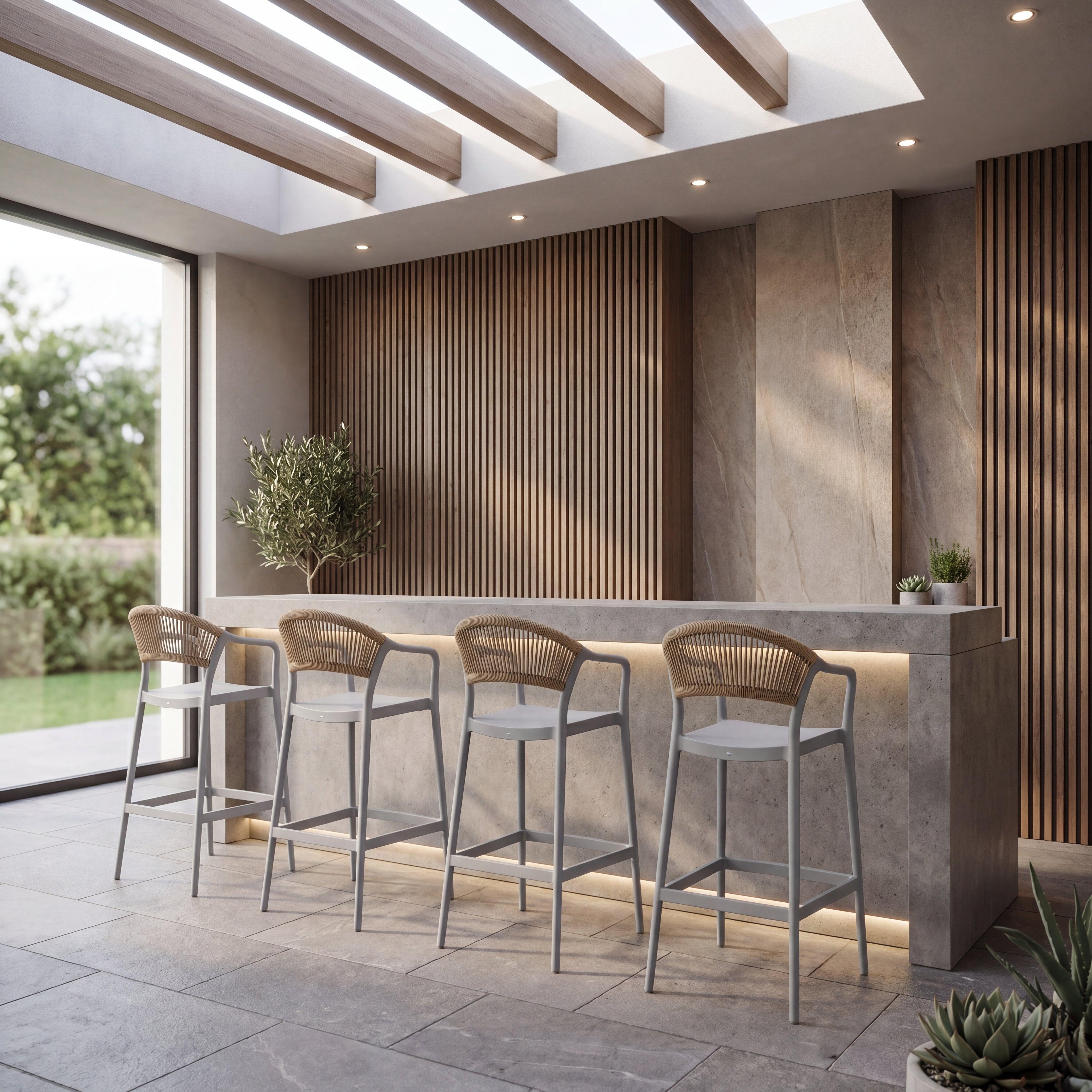 Silla para Bar Bali, Gris, Con espaldar en cuerdas y diseño Moderno X4