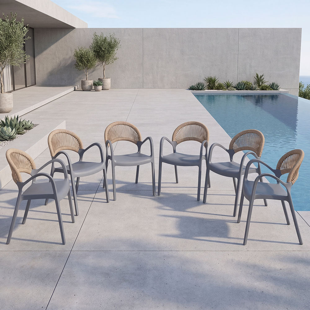 Set de 6 Sillas Daytona, Gris Oscuro y Café Claro, con Espaldar, Reposa Brazos y Diseño Minimalista