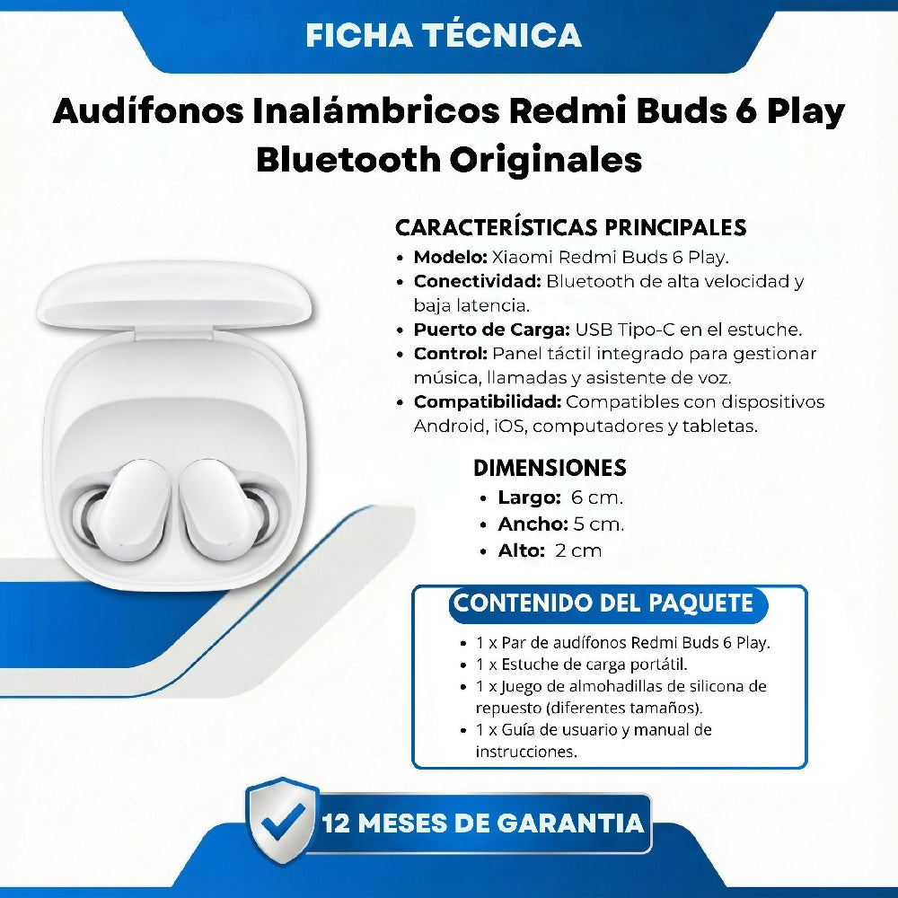 Audífonos Inalámbricos Redmi Buds 6 Play Blanco Bluetooth Originales