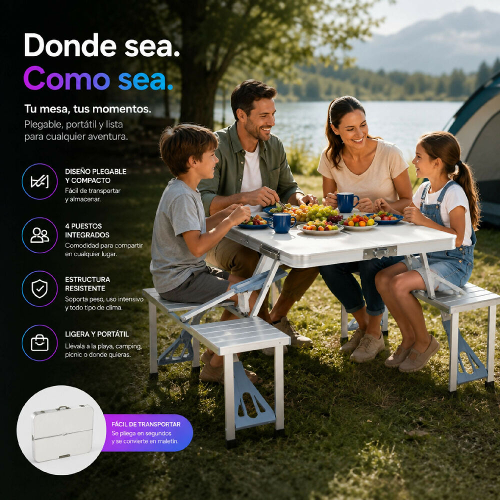 Mesa Plegable Con Cuatro Sillas Metálicas Set Completo LTZ01