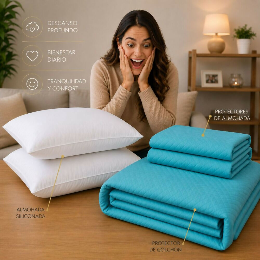 Combo protector colchon + 2 almohadas siliconadas king turquesa