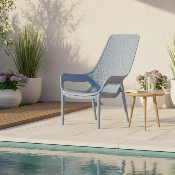 Silla Lounge Mayorca, Azul Claro, con espaldar y reposa brazos X2