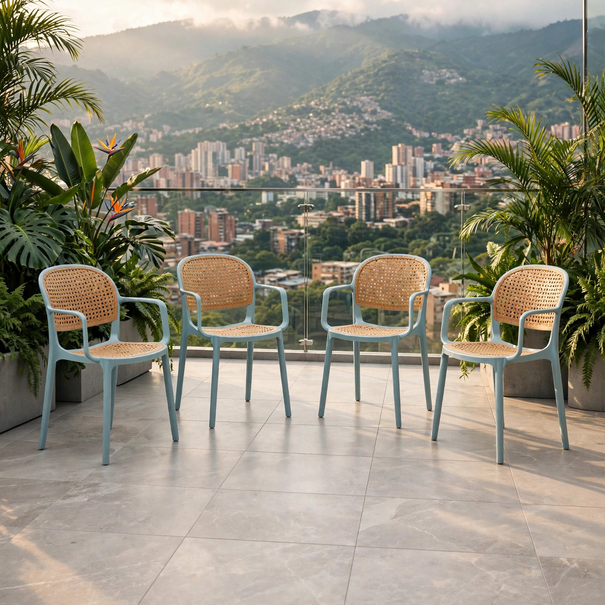 Set de 4 Sillas con Brazos Nest, Color Azul Claro y Beige, con Espaldar y Asiento en Rejilla