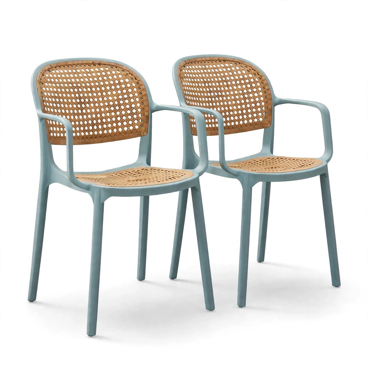 Set de 2 Sillas con Brazos Nest, Color Azul Claro y Beige, con Espaldar y Asiento en Rejilla