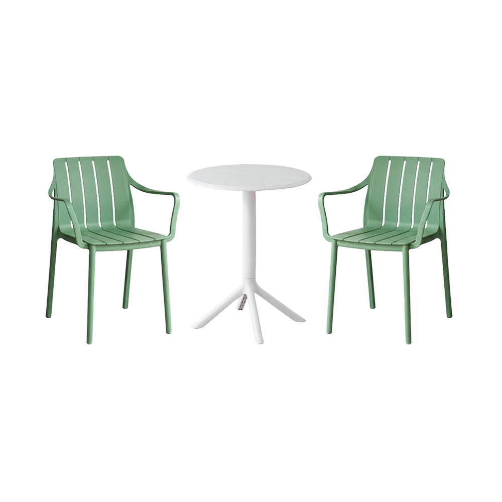 Combo Shaki, Incluye Mesa Redonda y 2 Sillas en Color Verde Olivo